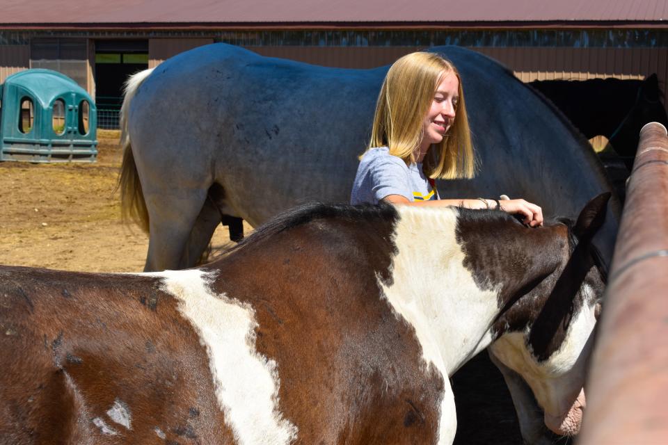 Intern Barn Manager Lucy Kowalski pets Skittles the pony.