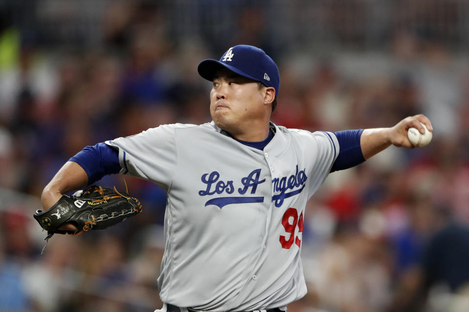 Los Angeles Dodgers starting pitcher Hyun-Jin Ryu works against the Atlanta Braves in the fourth inning of a baseball game Saturday, Aug. 17, 2019, in Atlanta. (AP Photo/John Bazemore)