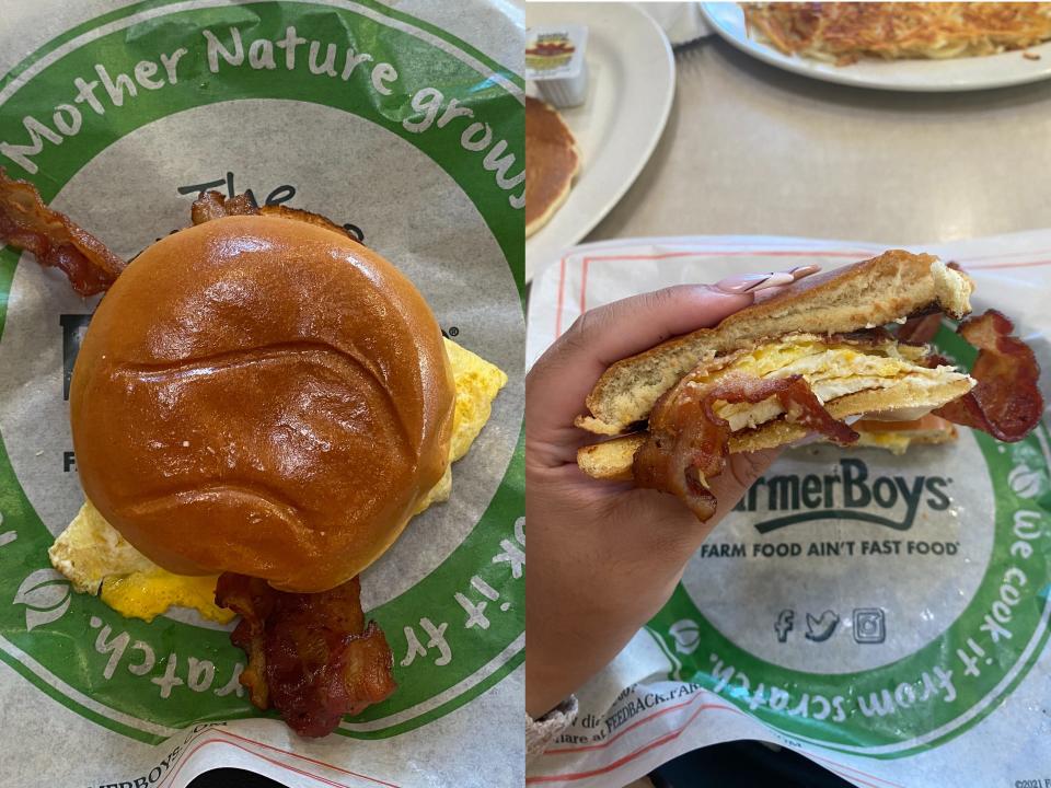 Side-by-side of 2-egg bacon breakfast sandwich.