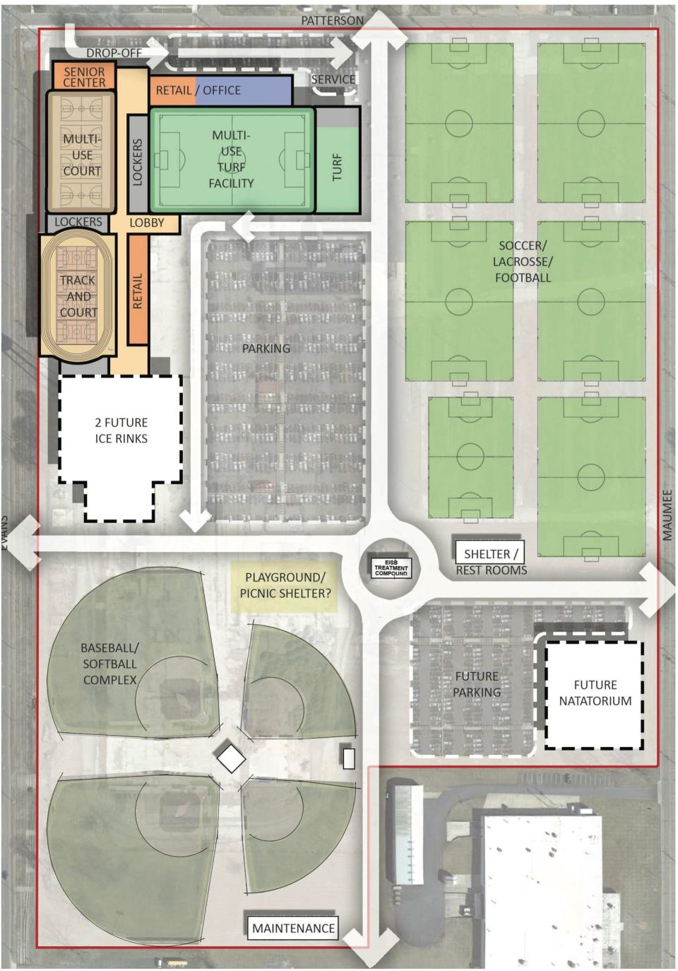 Lenawee County officials on Oct. 1 released this proposed layout of the fields and other facilities that would make up a recreation and events center that is being considered for the site of the former Tecumseh Products Co. plant in Tecumseh.