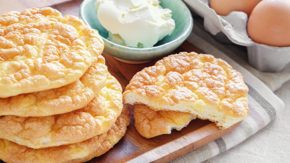 Stack of cloud bread for the BBBE (bacon beef butter eggs) diet