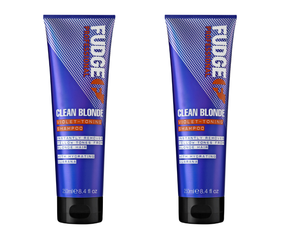 Two tubes of Fudge Clean Blonde Violet-Toning Shampoo.