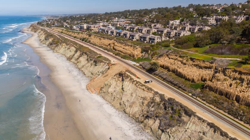 DEL MAR, CA - MARCH 19: A bluff collapse on February 28th has some people calling for the relocation of the stretch of train tracks along the coast on Friday, March 19, 2021 in Del Mar, CA. (Jarrod Valliere / The San Diego Union-Tribune)