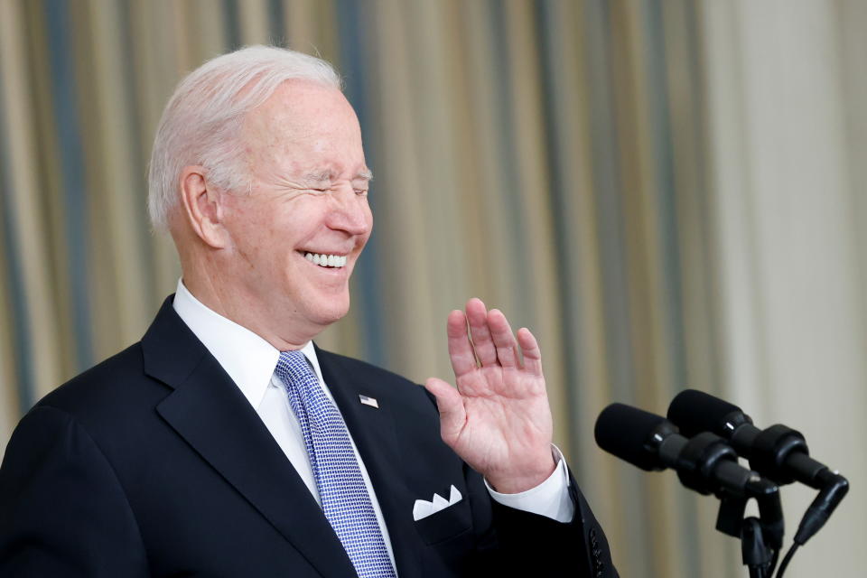 U.S. President Joe Biden gestures as he delivers remarks after late-night passage of a $1 trillion infrastructure bill to repair the nation's airports, roads and bridges, at the White House in Washington, D.C., U.S. November 6, 2021.  REUTERS/Jonathan Ernst