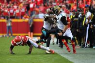 <p>Strong safety Eric Berry #29 of the Kansas City Chiefs knocks quarterback Blake Bortles #5 of the Jacksonville Jaguars out of bounds on a hit at Arrowhead Stadium during the fourth quarter of the game on November 6, 2016 in Kansas City, Missouri. (Photo by Jamie Squire/Getty Images) </p>