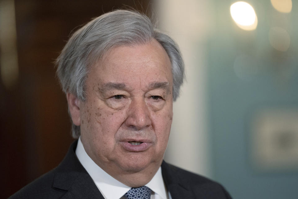 FILE - United Nations Secretary-General Antonio Guterres speaks to reporters in the Treaty Room before a meeting with Secretary of State Antony Blinken at the State Department, April 27, 2023, in Washington. From the ashes of World War II, three institutions were created as linchpins of a new global order. Now, in an unusual move the top official in one, Guterres, is pressing for major changes in the other two. Guterres says the International Monetary Fund has benefited rich countries instead of poor ones. And he describes the IMF and World Bank’s response to the COVID-19 pandemic as a “glaring failure” that left dozens of countries deeply indebted. (AP Photo/Manuel Balce Ceneta, File)