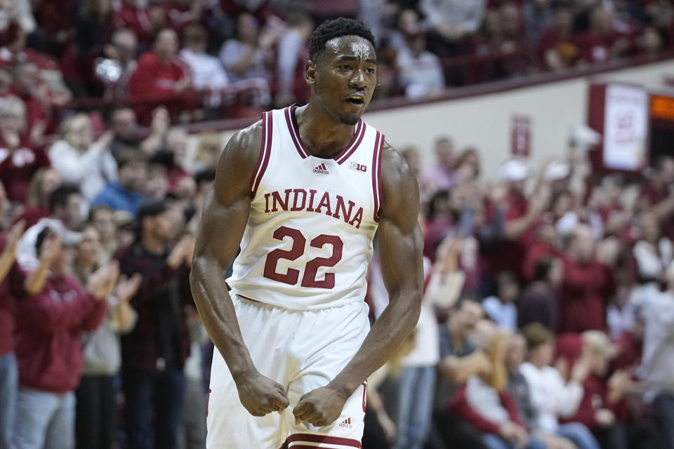 Indiana forward Jordan Geronimo (22) reacts during the first half of an NCAA college basketball game against Jackson State, Friday, Nov. 25, 2022, in Bloomington, Ind. (AP Photo/Darron Cummings)