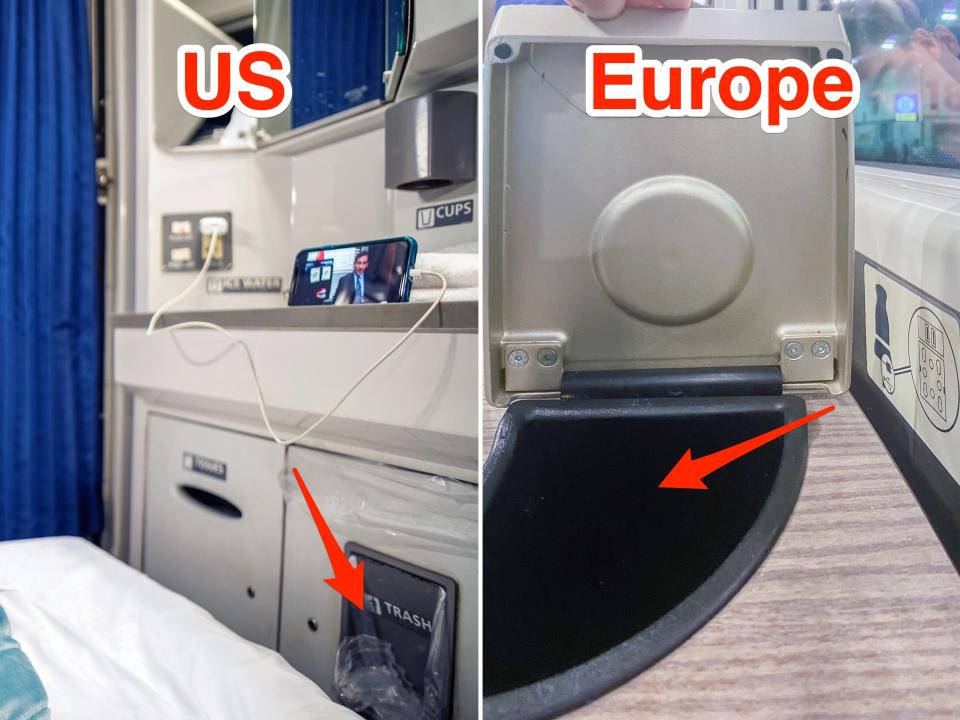 Trash cans on trains in the US and Europe.