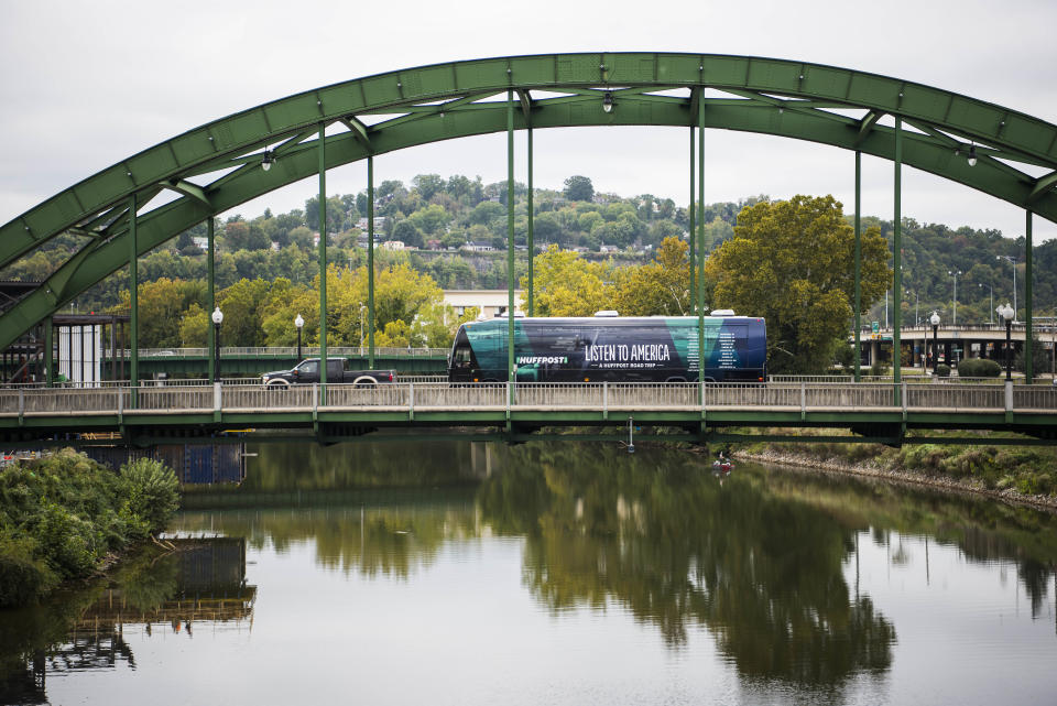 The HuffPost tour bus drives across the Lee Street bridge as HuffPost visits Charleston, West Virginia, on Sept. 28, 2017.