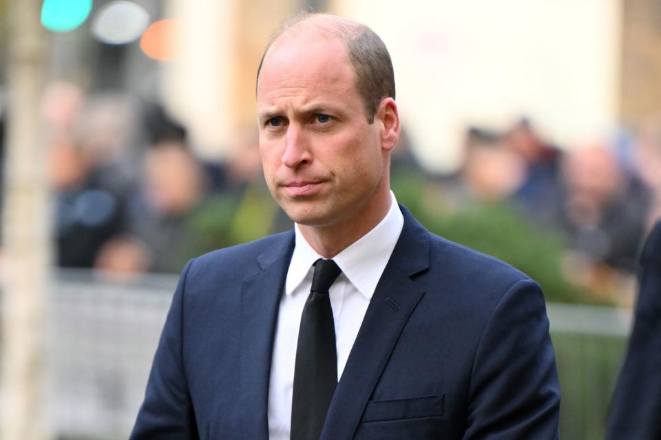 <p>Karwai Tang/WireImage</p> Prince William at the funeral of Sir Bobby Charlton at Manchester Cathedral on November 13, 2023 in Manchester, England.