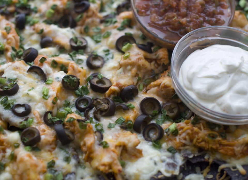 This Jan. 6, 2014 photo shows buffalo chicken nachos in Concord, N.H. (AP Photo/Matthew Mead)