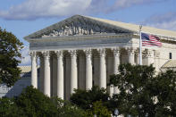 The Supreme Court is seen in Washington, Monday, Oct. 18, 2021. The Biden administration is asking the high court to block the Texas law banning most abortions, while the fight over the measure's constitutionality plays out in the courts. The law has been in effect since September. (AP Photo/J. Scott Applewhite)