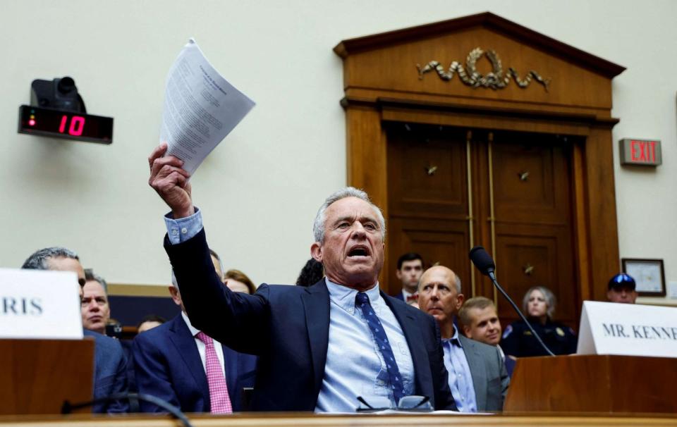 PHOTO: Democratic presidential Robert F. Kennedy Jr. testifies at a House Judiciary Select Weaponization of the Federal Government Subcommittee hearing, on Capitol Hill in Washington, D.C., July 20, 2023. (Jonathan Ernst/Reuters)