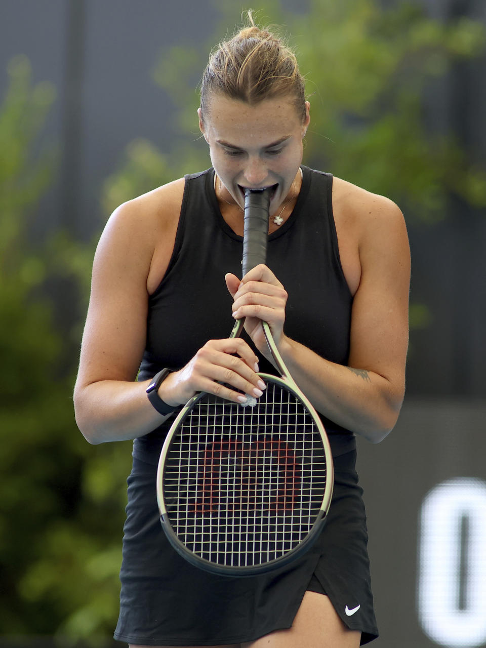 Belarus' Aryna Sabalenka reacts to loosing a point during the final match against Czech Republic's Linda Noskova at the Adelaide International Tennis tournament in Adelaide, Australia, Sunday, Jan. 8, 2023. (AP Photo/Kelly Barnes)