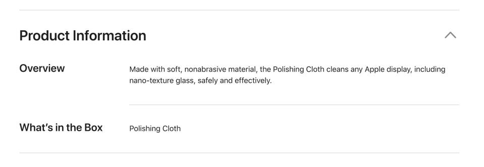 The "Product Information" for the new cloth.