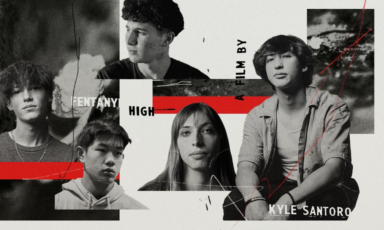 <span>A growing cadre of teens are stepping up to educate their peers on the dangers of fentanyl. Kyle Santoro (far right) is seen with actors in his film Fentanyl High (Left to right: Chance Sojbeck, Ryan Lin, Ashton Ross, Anna Stubstad). Illustration: Alex Cochran/The Guardian</span><span>Illustration: Alex Cochran/The Guardian</span>