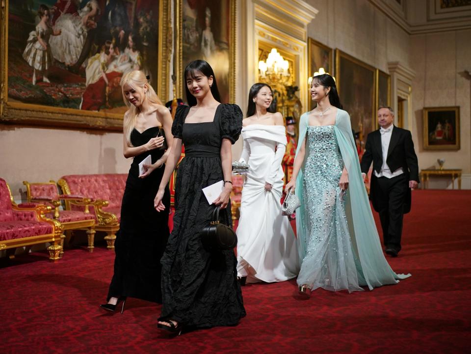 Members of the South Korean girl band Blackpink, Jisoo Kim; Jennie Kim; Roseanne Park (Rosé) and Lalisa Manoban (Lisa), attend the State Banquet at Buckingham Palace on Nov. 21, 2023.