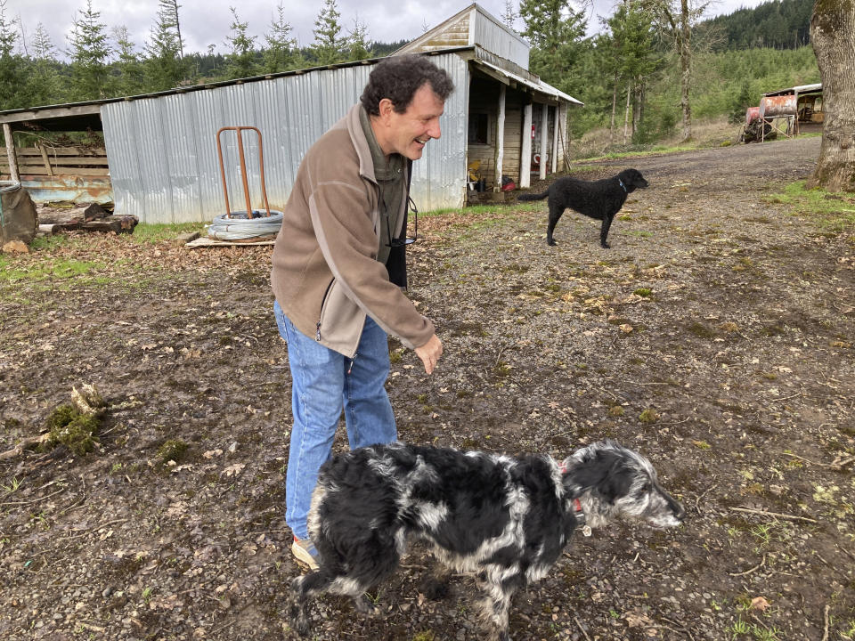 FILE - Former New York Times journalist Nicholas Kristof relaxes at his farm with his family's dogs near Yamhill, Oregon, on Friday, Jan. 21, 2022. The Oregon Supreme Court ruled Thursday, Feb. 17, 2022, Kristof is not eligible to run for governor because he does not meet the state's three-year residency requirement. (AP Photo/Andrew Selsky, File)