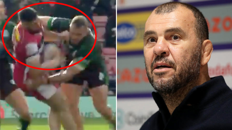 Pictured right is Lebanon coach Michael Cheika, with Ireland's Jaimin Jolliffe hitting Cedars prop Kayne Kalache high in the left image. 