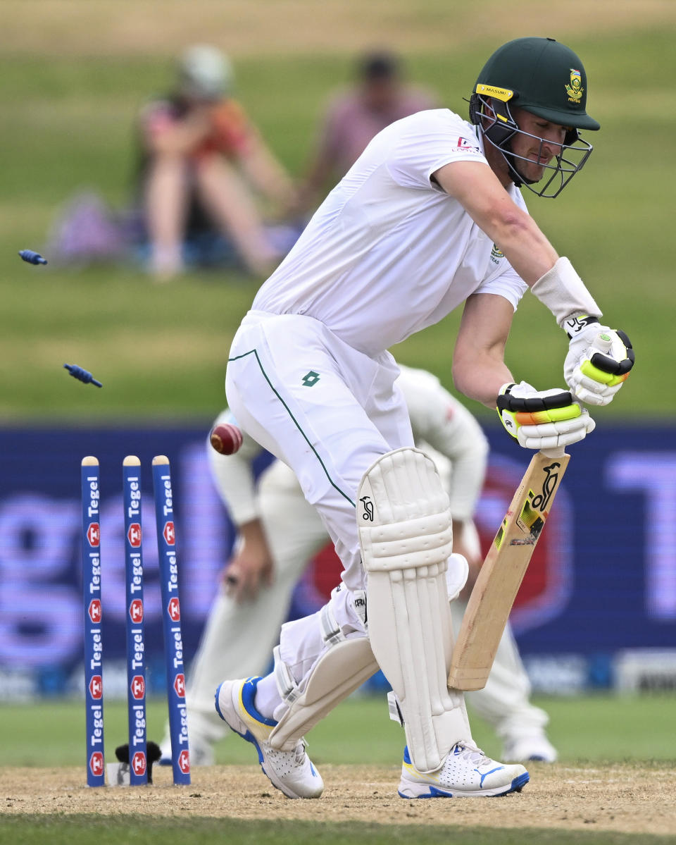 South Africa captain Neil Brand is bowled by Tim Southee on day four of the first cricket test between New Zealand and South Africa at Bay Oval, Mt Maunganui, New Zealand, Wednesday, Feb. 7, 2024. (Photo: Andrew Cornaga/Photosport via AP)