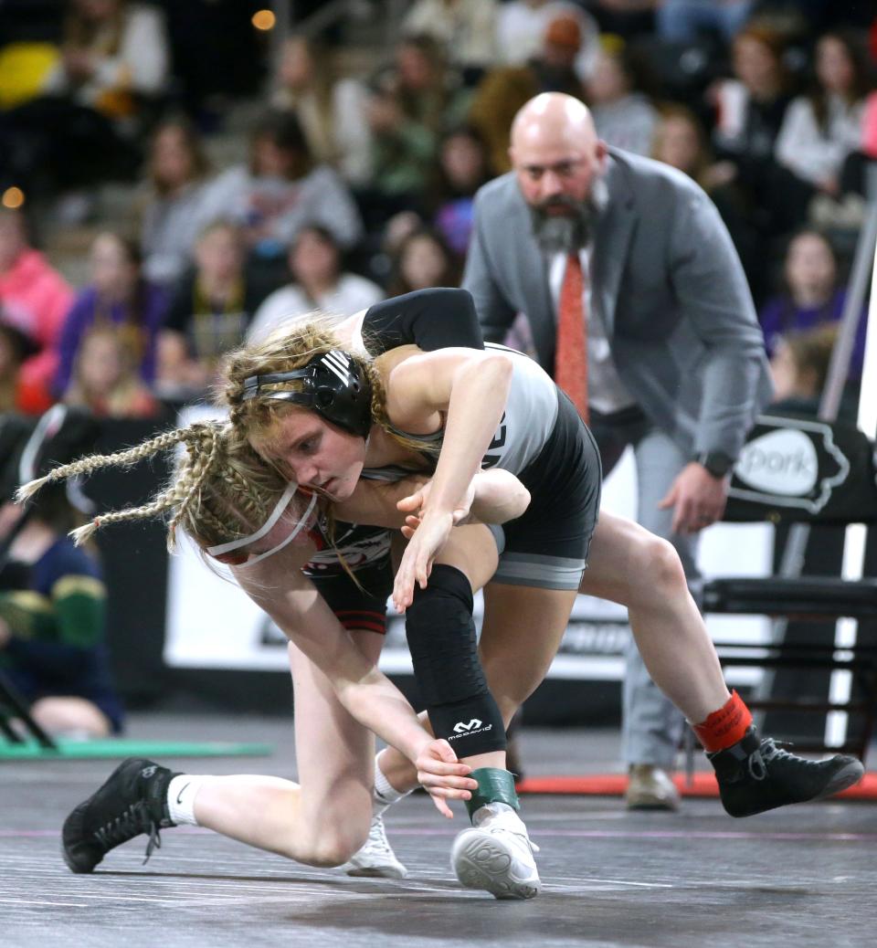 Mason City’s Layla Phillips wrestles Western Iowa’s Kacy Miller in the 105-pound finals of the IGHSAU girls state wrestling tournament. Phillips won female Athlete of the Week with 57% of the vote