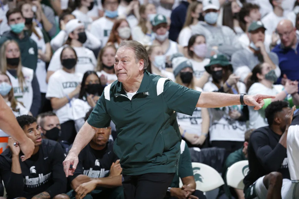 Michigan State coach Tom Izzo reacts during the second half of an NCAA college basketball game against Illinois, Saturday, Feb. 19, 2022, in East Lansing, Mich. Illinois won 79-74. (AP Photo/Al Goldis)