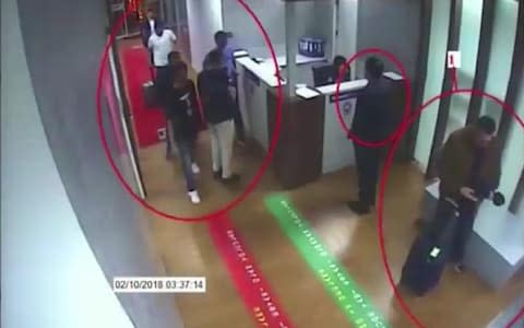 A frame grab allegedly shows suspects in the case of missing Saudi journalist Jamal Khashoggi (unseen) at Istanbul's Ataturk airport - Credit: AFP