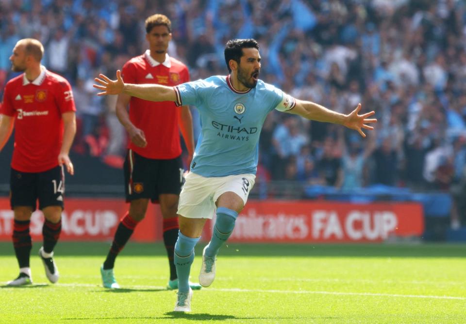 Gundogan celebrates scoring the fastest goal in FA Cup final history (Action Images via Reuters)