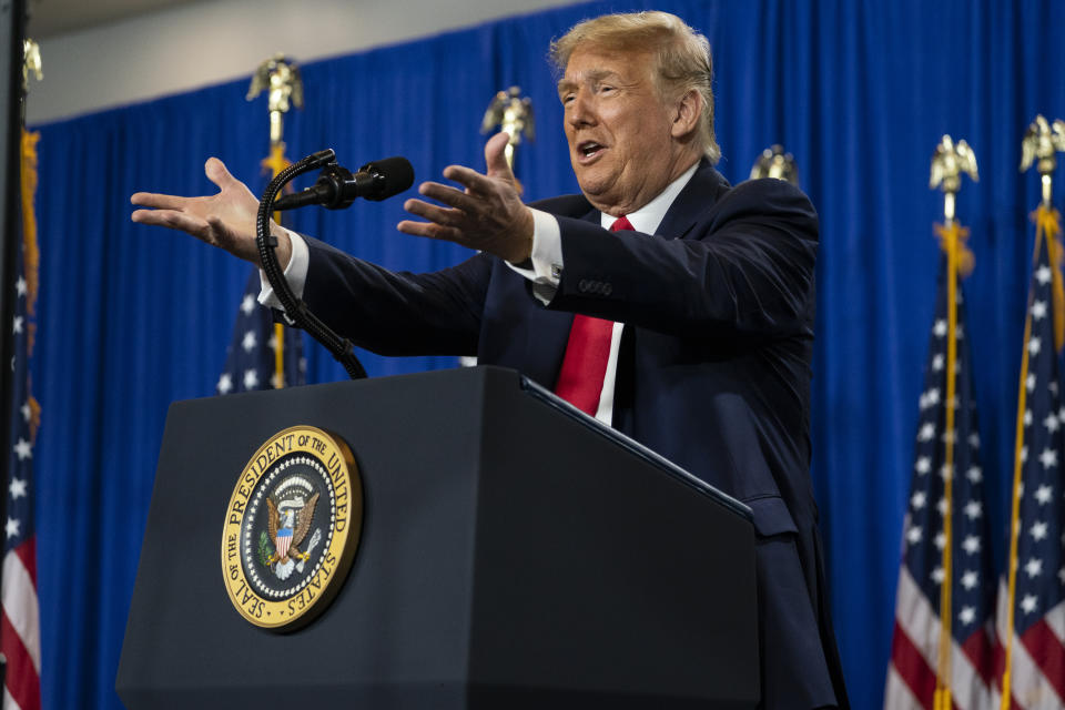 President Donald Trump speaks during an event on "Protecting America's Seniors," Friday, Oct. 16, 2020, in Fort Myers, Fla. (AP Photo/Evan Vucci)