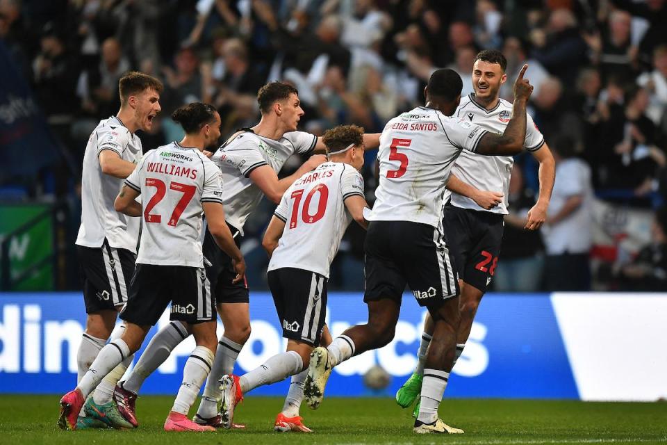 Bolton Wanderers' Aaron Collins celebrates scoring his team’s first goal <i>(Image: Camerasport)</i>