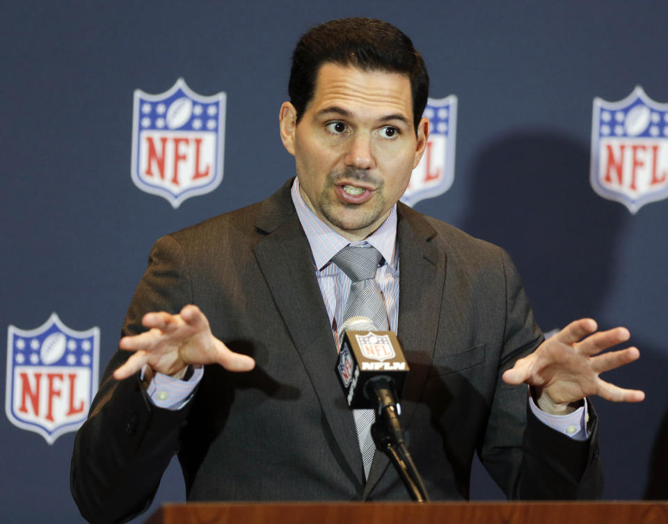 FILE - NFL vice president of officiating Dean Blandino speaks during a news conference at the NFL football annual meeting in Orlando, Fla., March 26, 2014. You can have a great year and you can have smooth sailing — and then something goes wrong in the Super Bowl, and that’s all people are going to remember,” said Blandino, who was a replay official for two Super Bowls before a stint as the NFL’s head of officiating. (AP Photo/John Raoux, File)