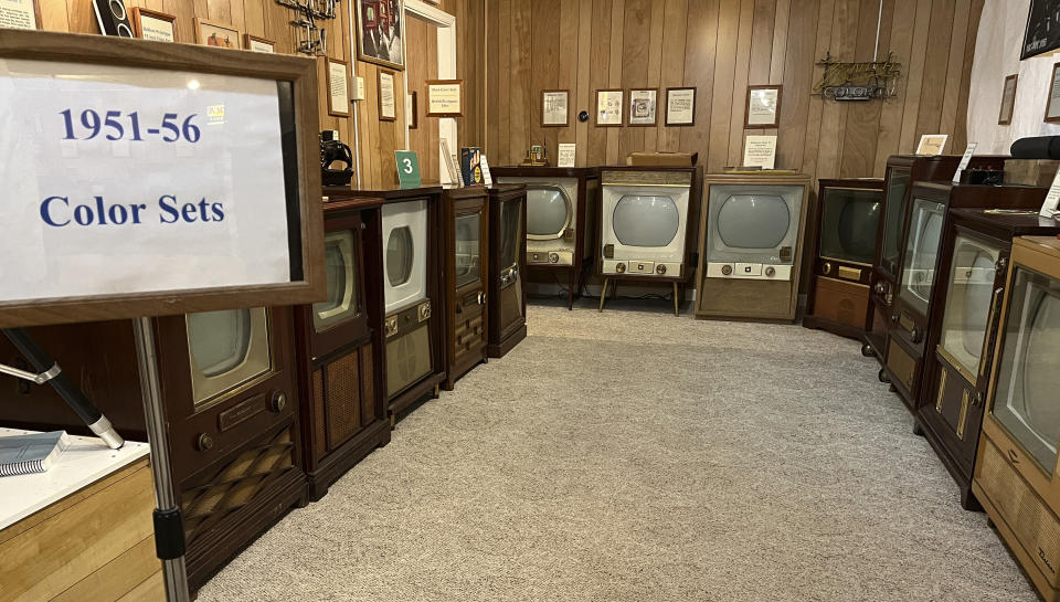 A collection of televisions appear at the Early Television Museum in Hilliard, Ohio on June 4, 2023. The museum features a large collection of televisions from the 1920s and 1930s. It also has scores of the much-improved, post-World War II, black-and-white sets that changed the entertainment landscape. (Steve Wartenberg via AP)