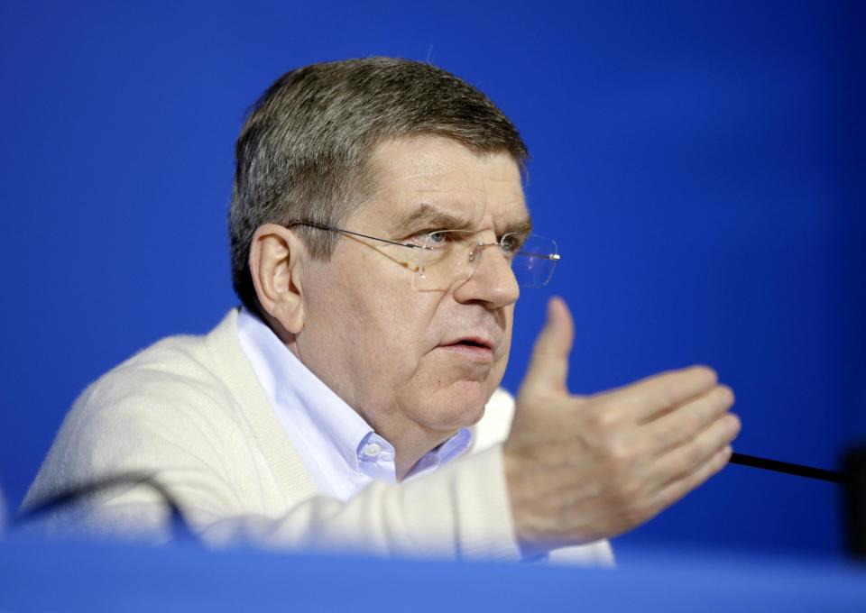 International Olympic Committee President Thomas Bach speaks during a press conference at the 2014 Winter Olympics, Monday, Feb. 3, 2014, in Sochi, Russia. (AP Photo/David Goldman)