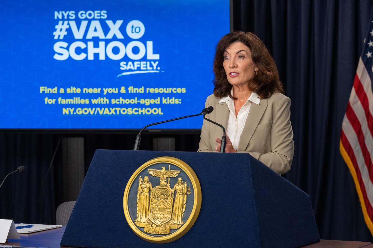 Gov. Kathy Hochul holds a health update on Aug. 22, 2022, in New York.  