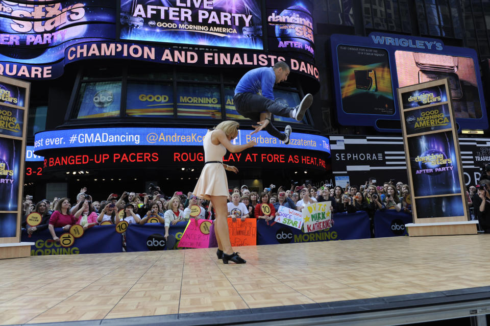 Pro dancer Mark Ballas gets some serious air, flying over Katherine Jenkins in their lively jive on “GMA.”