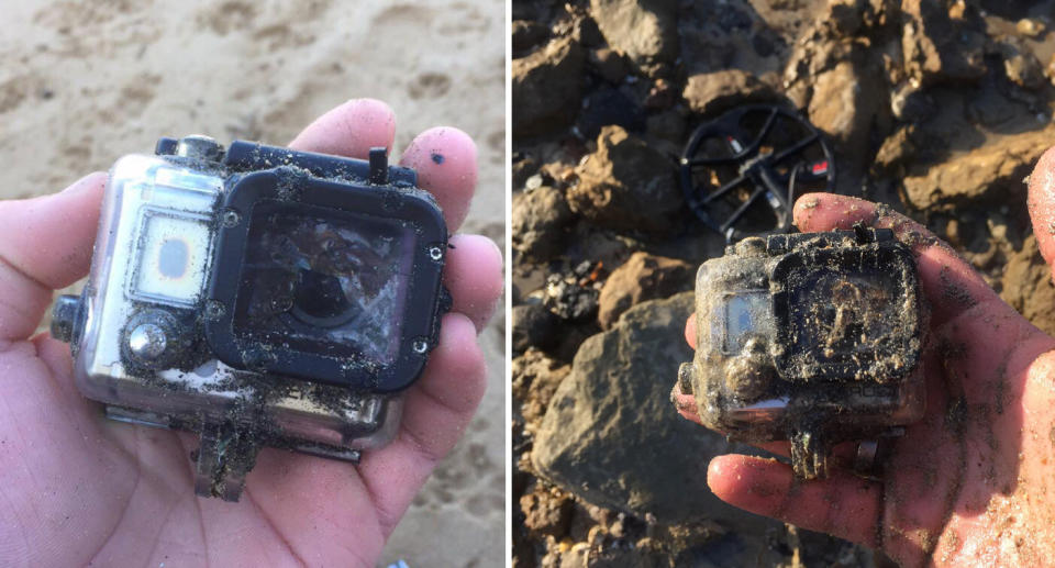 Photos show the state the found GoPro, covered in sand and smelling of 'sewer', was in after being lost for six years Ocean Grove Beach.