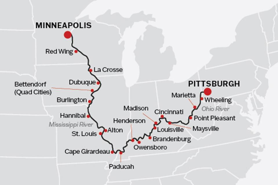 A map showing the American Countess journey from Minneapolis to Pittsburgh