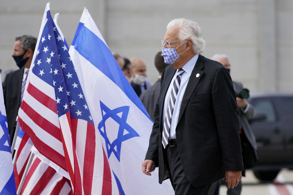 U.S. Ambassador to Israel David Friedman departs as Secretary of State Mike Pompeo boards a plane at Ben Gurion Airport in Tel Aviv, Friday, Nov. 20, 2020. Pompeo is en route to the United Arab Emirates. (AP Photo/Patrick Semansky, Pool)