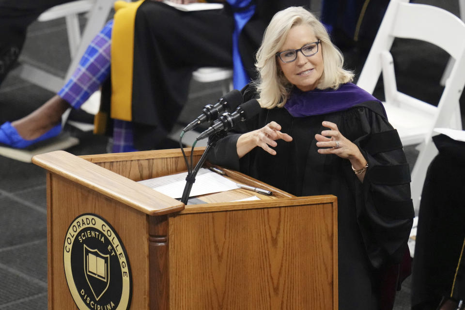 Former U.S. Rep. Liz Cheney, R-Wyo., delivers the commencement address at Colorado College, Sunday, May 28, 2023, in Colorado Springs, Colo. (AP Photo/Jack Dempsey)