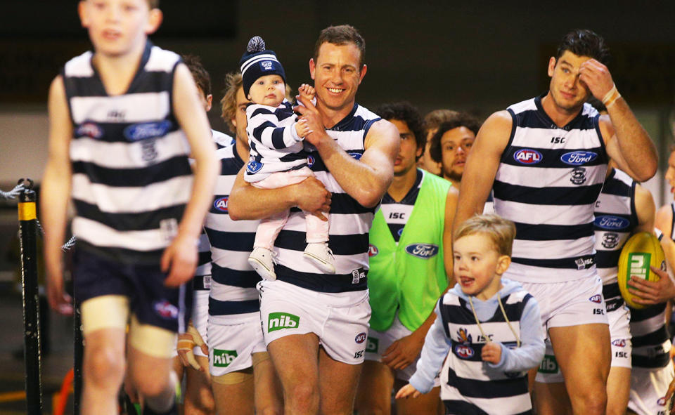 Steve Johnson, pictured here walking out for his 250th game in 2015.