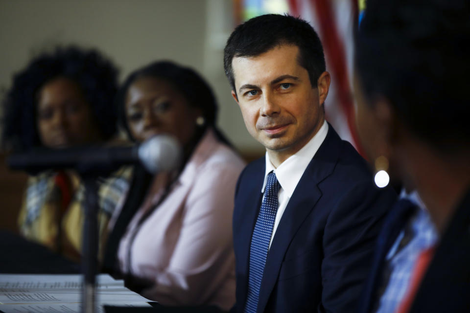 Democratic presidential candidate former South Bend, Ind., Mayor Pete Buttigieg listens during a roundtable discussing health equity, Thursday, Feb. 27, 2020, at the Nicholtown Missionary Baptist Church in Greenville, S.C. (AP Photo/Matt Rourke)