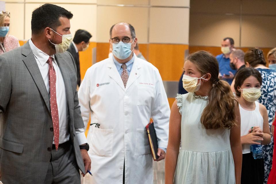 Aug 3, 2022; Columbus, OH, USA;  The Ohio State University head football coach Ryan Day and his wife, Nina, announce a $1 million donation to fund research and services that promote mental health at The Ohio State University Wexner Medical Center and College of Medicine. The Nina and Ryan Day Resilience Fund will be housed in the Department of Psychiatry and Behavioral Health.