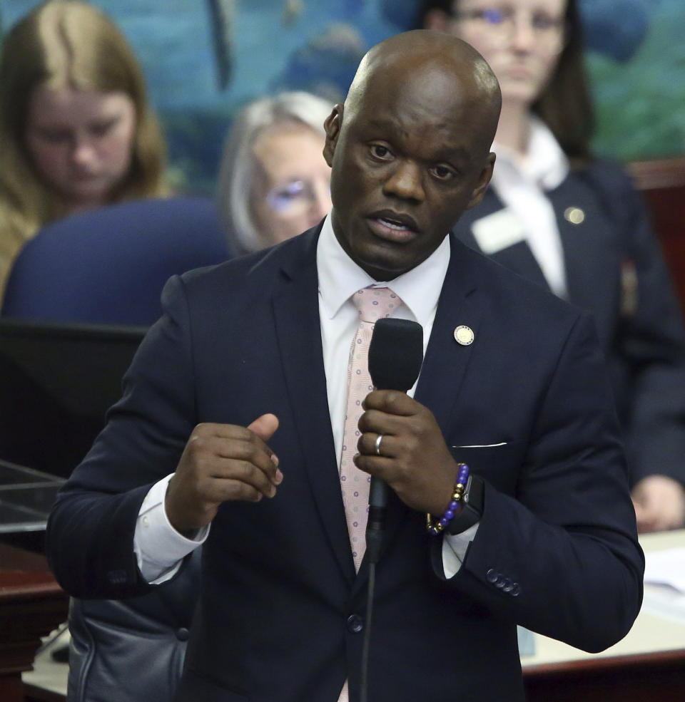 Rep. Kionne McGhee, D-Miami, debates the felon voting rights bill during session Wednesday April 24, 2019, in Tallahassee, Fla. (AP Photo/Steve Cannon)