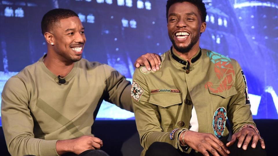 Actors Michael B. Jordan (L) and Chadwick Boseman attend the Marvel Studios’ BLACK PANTHER Global Junket Press Conference on January 30, 2018 at Montage Beverly Hills in Beverly Hills, California. (Photo by Alberto E. Rodriguez/Getty Images for Disney)