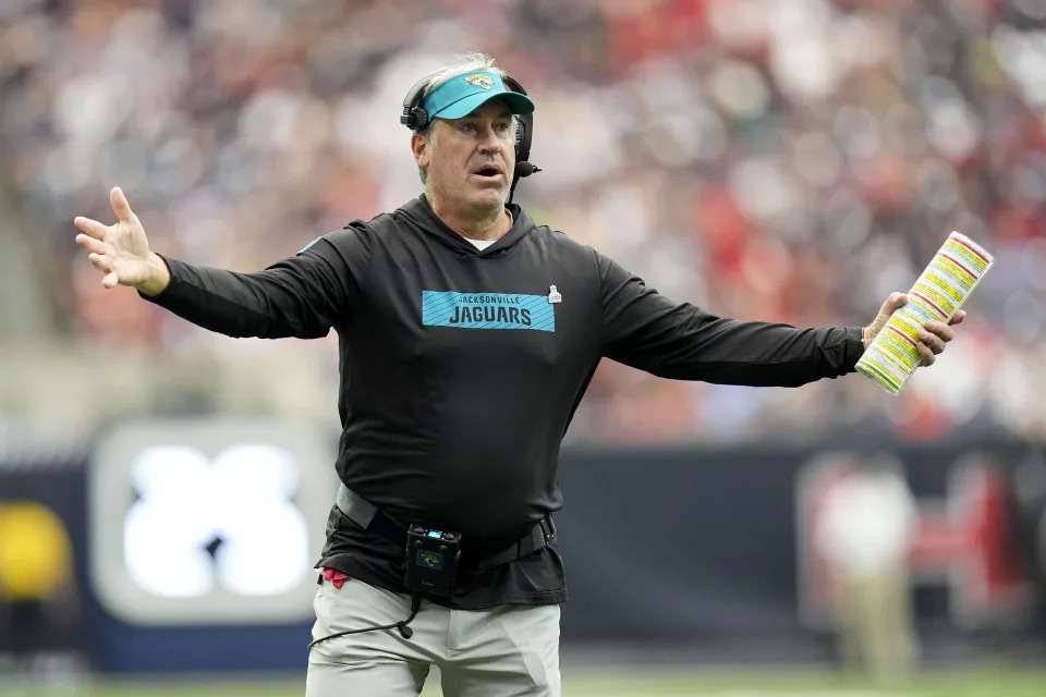 Jacksonville Jaguars head coach Doug Pederson reacts to a call during the first half of an NFL football game against the Houston Texans, Sunday, Sept. 29, 2024, in Houston. (AP Photo/Eric Gay)