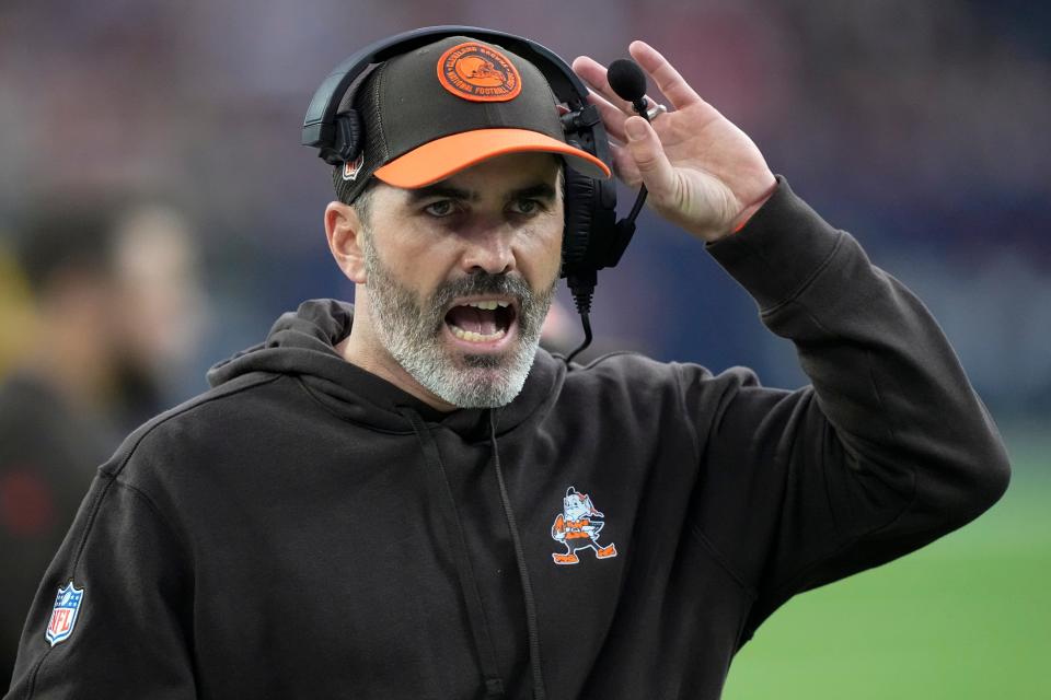 Browns coach Kevin Stefanski yells during the first half of a wild-card game against the Houston Texans on Jan. 13 in Houston.