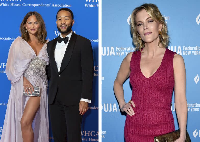 Separate photos of Megyn Kelly, right, and Chrissy Teigen and John Legend, left, at White House Correspondents Dinner