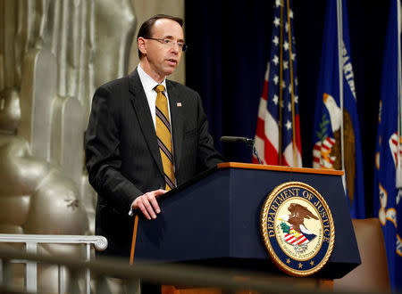 FILE PHOTO: Deputy U.S. Attorney General Rod J. Rosenstein speaks during National Missing Children's Day at the Department of Justice in Washington, U.S., May 24, 2017. REUTERS/Joshua Roberts