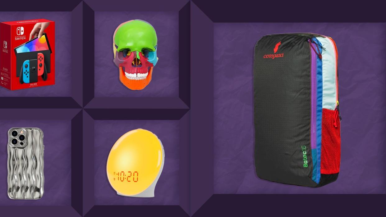 nintendo switch, anatomy skull model, backpack, wake up light sunrise alarm clock, phone case