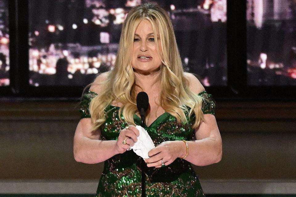 US actress Jennifer Coolidge accepts the award for Outstanding Supporting Actress In A Limited Or Anthology Series Or Movie for "The White Lotus" during the 74th Emmy Awards at the Microsoft Theater in Los Angeles, California, on September 12, 2022.